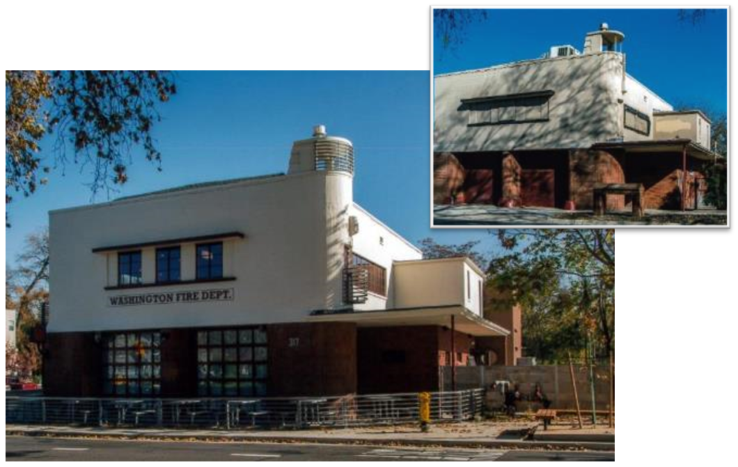 View of the front of the restored Washington Firehouse. Inset photo is the condition prior to construction.